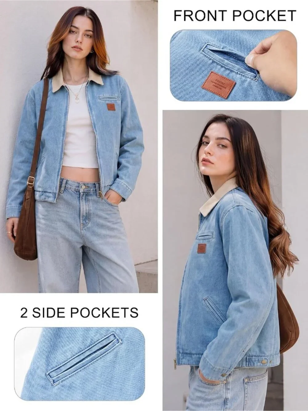 Women's Denim Blue Cropped Zip Up Denim Lightweight Casual Fall Outerwear Jacket
